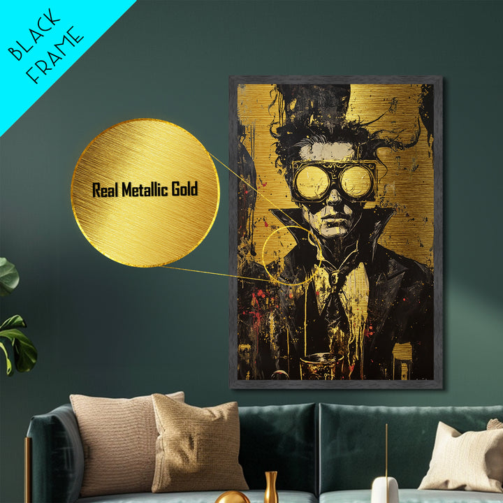 Creepy Steampunk Metallic Gold Art Metal Art Vampire Portrait – Halloween Gothic Decor Framed in Real Wood