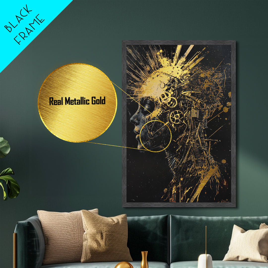 Metallic Gold Art Metal Art Mechanical Skull – Spooky Halloween Horror Wall Print with Dark Gothic Real Wood Frame