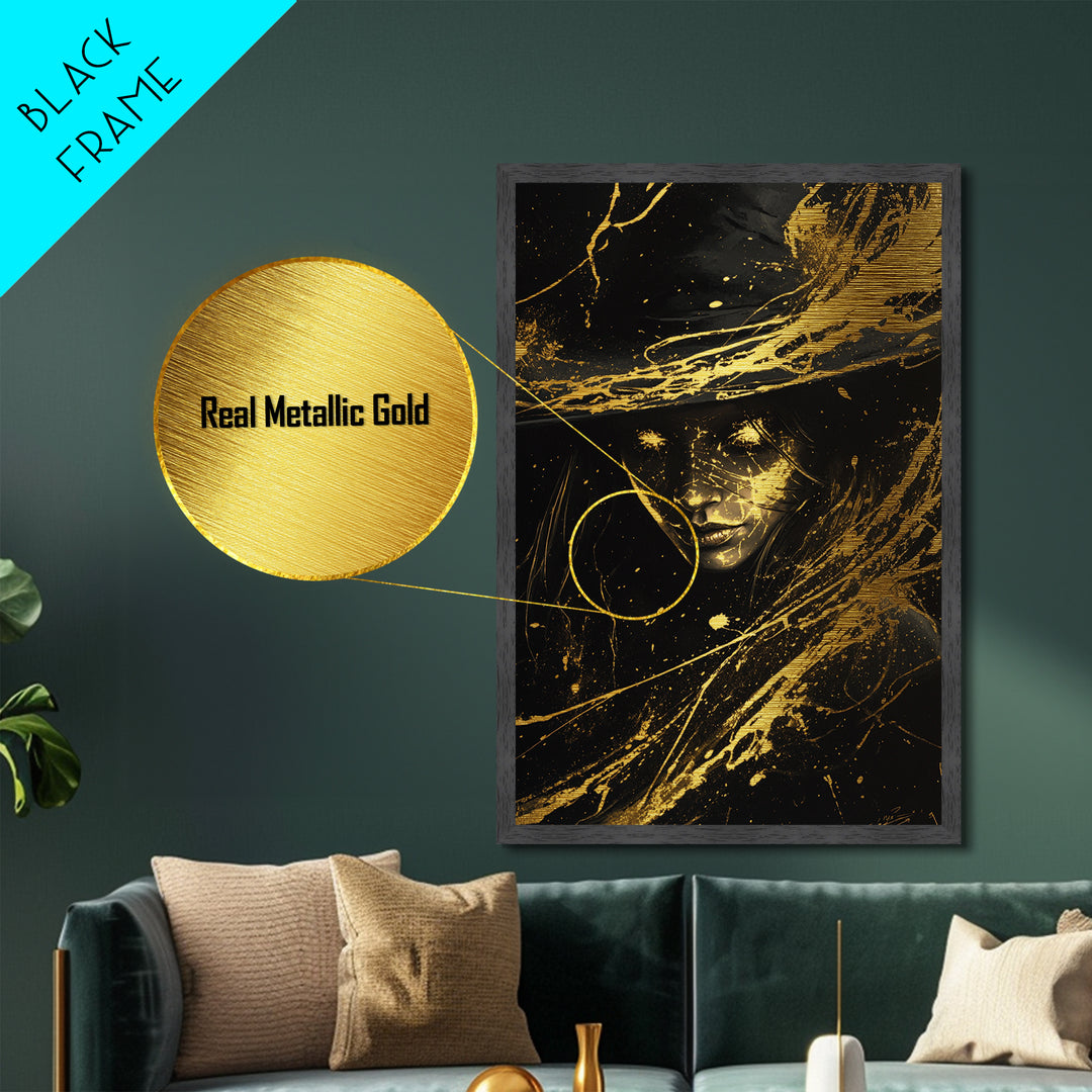 Halloween Witch Metallic Gold Art Metal Art Wall Hanging – Spooky Season Decor Framed in Rustic Real Wood