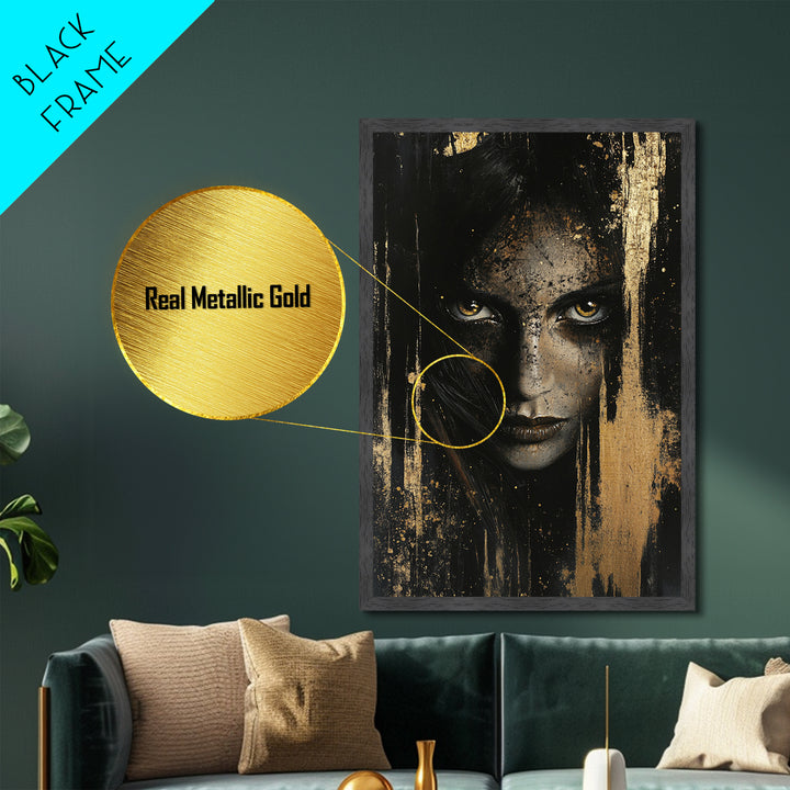Metal Art Metallic Gold Art Haunted Gothic Female Portrait – Spooky Season Horror Aesthetic with Real Wood Frame