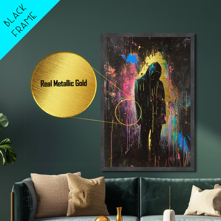 Dark Spooky Metallic Gold Art Metal Art Hooded Figure – Halloween Gothic Wall Print Framed with Natural Real Wood