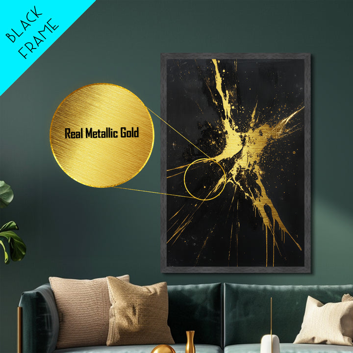 Metal Art Metallic Gold Halloween Wall Decor, Gothic Abstract Splatter Painting, Spooky Season Accent framed in real wood