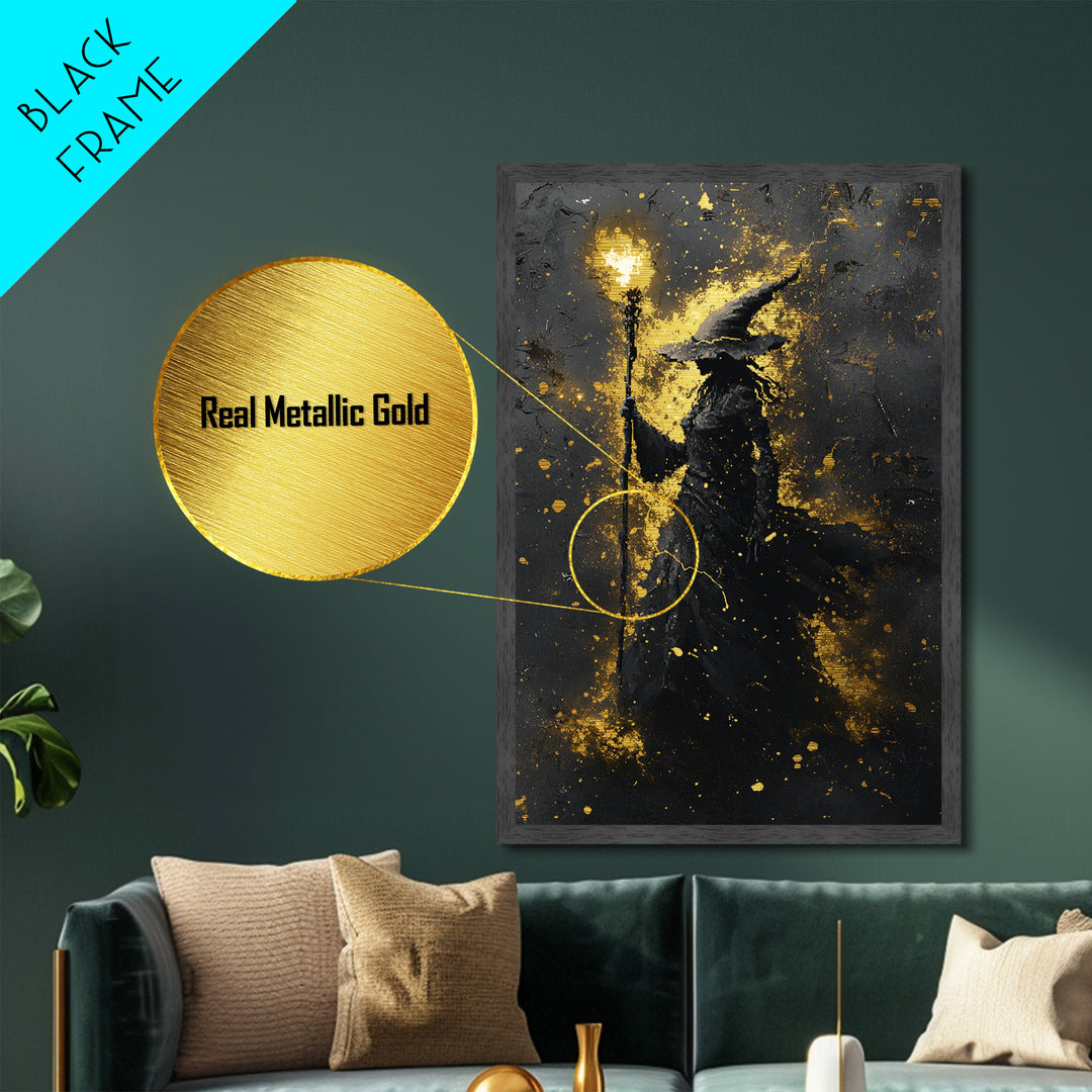 Witchy Gothic Decor Metallic Gold Art, Spooky Wizard Metal Art Wall Hanging, Halloween Home Style with natural wood frame