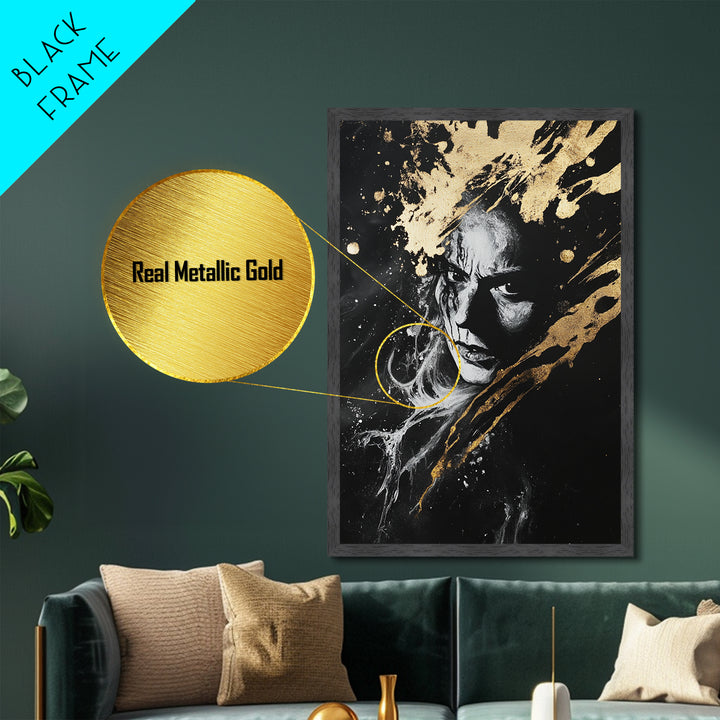 Haunted Portrait Halloween Metallic Gold Art, Gothic Horror Face Metal Art Print, Dark Wall Decor mounted in real wood frame