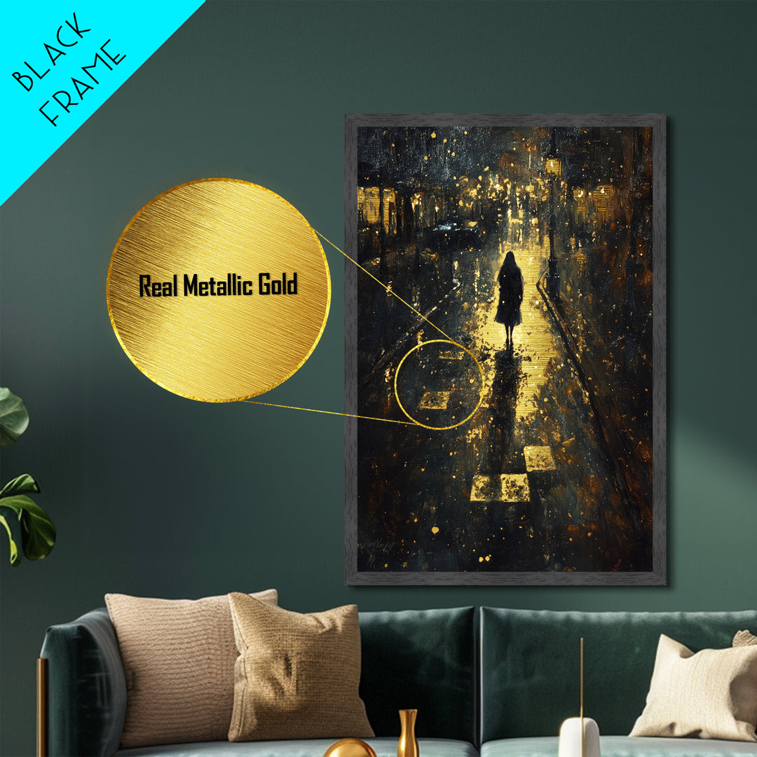 Spooky Night Street Scene Metallic Gold Art, Haunted City Metal Art Print, Gothic Halloween Wall Decor in rustic wood frame