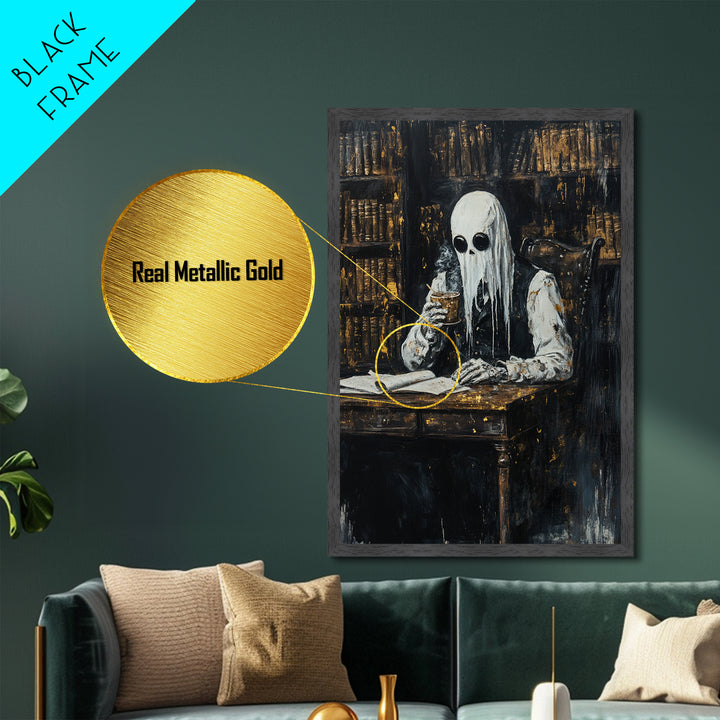 Gothic Librarian Metallic Gold Art, Creepy Masked Figure Metal Art Painting, Dark Halloween Home Decor framed with real wood