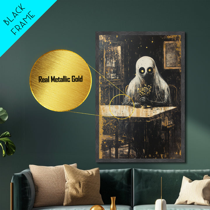 Haunted Cafe Metallic Gold Art, Spooky Ghost with Flowers Metal Art Print, Gothic Halloween Wall Hanging in wood frame display