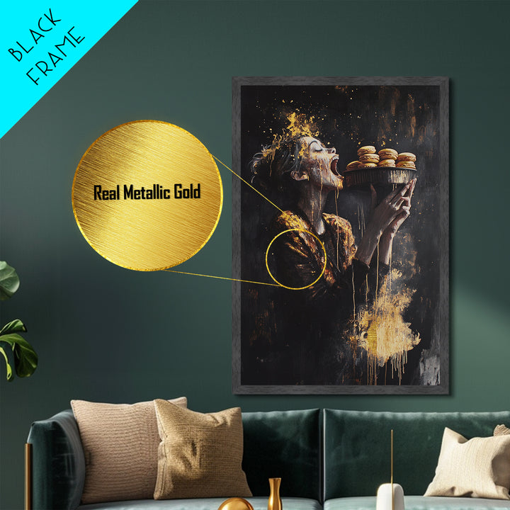 Horror Feast Metallic Gold Art, Spooky Gothic Woman Eating Macarons Metal Art Print, Halloween Wall Decor framed in real wood