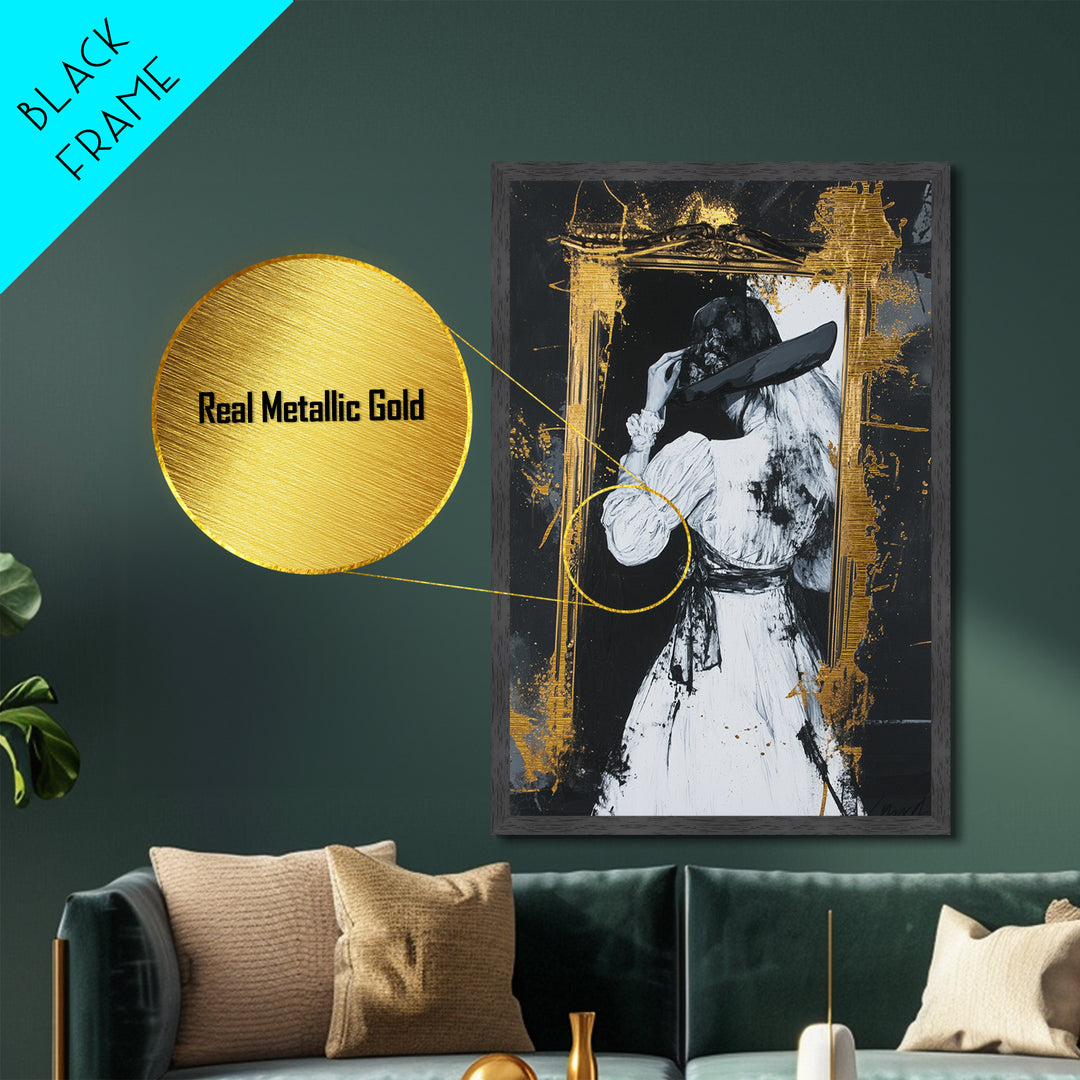Witchy Gothic Lady Metallic Gold Art, Haunted Mirror Scene Metal Art Painting, Spooky Halloween Decor framed with wood detail