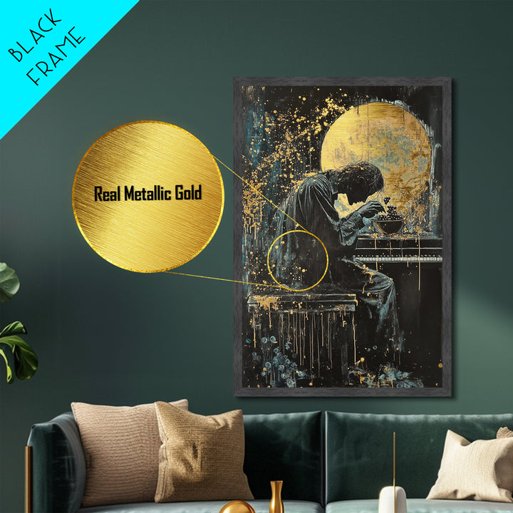 Creepy Pianist Metallic Gold Art, Gothic Moonlight Horror Metal Art Print, Haunted Halloween Wall Decor in real wood frame