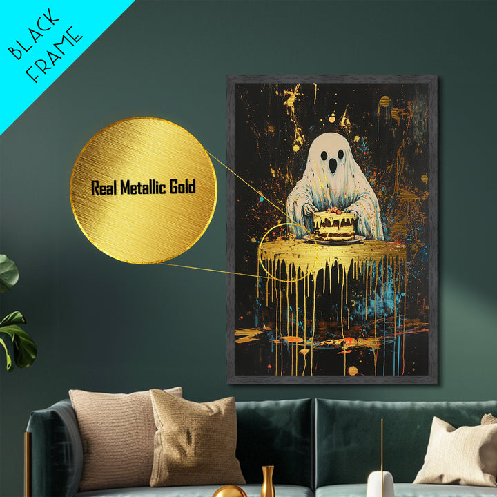 Ghost with Cake Metallic Gold Art, Playful Haunted Party Metal Art for Halloween Décor, with handcrafted real wood frame