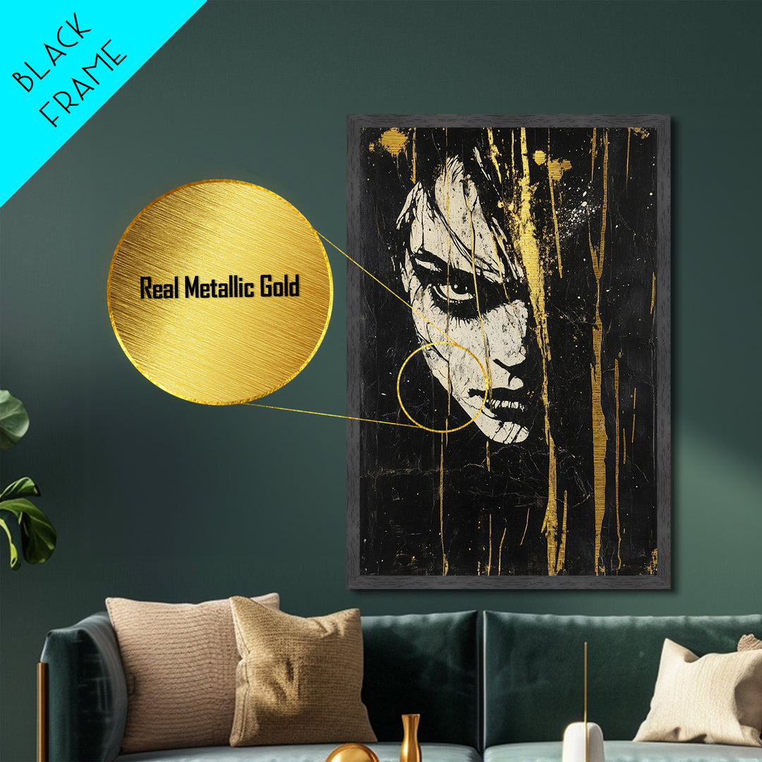 Creepy Female Portrait Metallic Gold Art, Dark Gothic Face Metal Art for Spooky Home Décor, in solid real wood framing