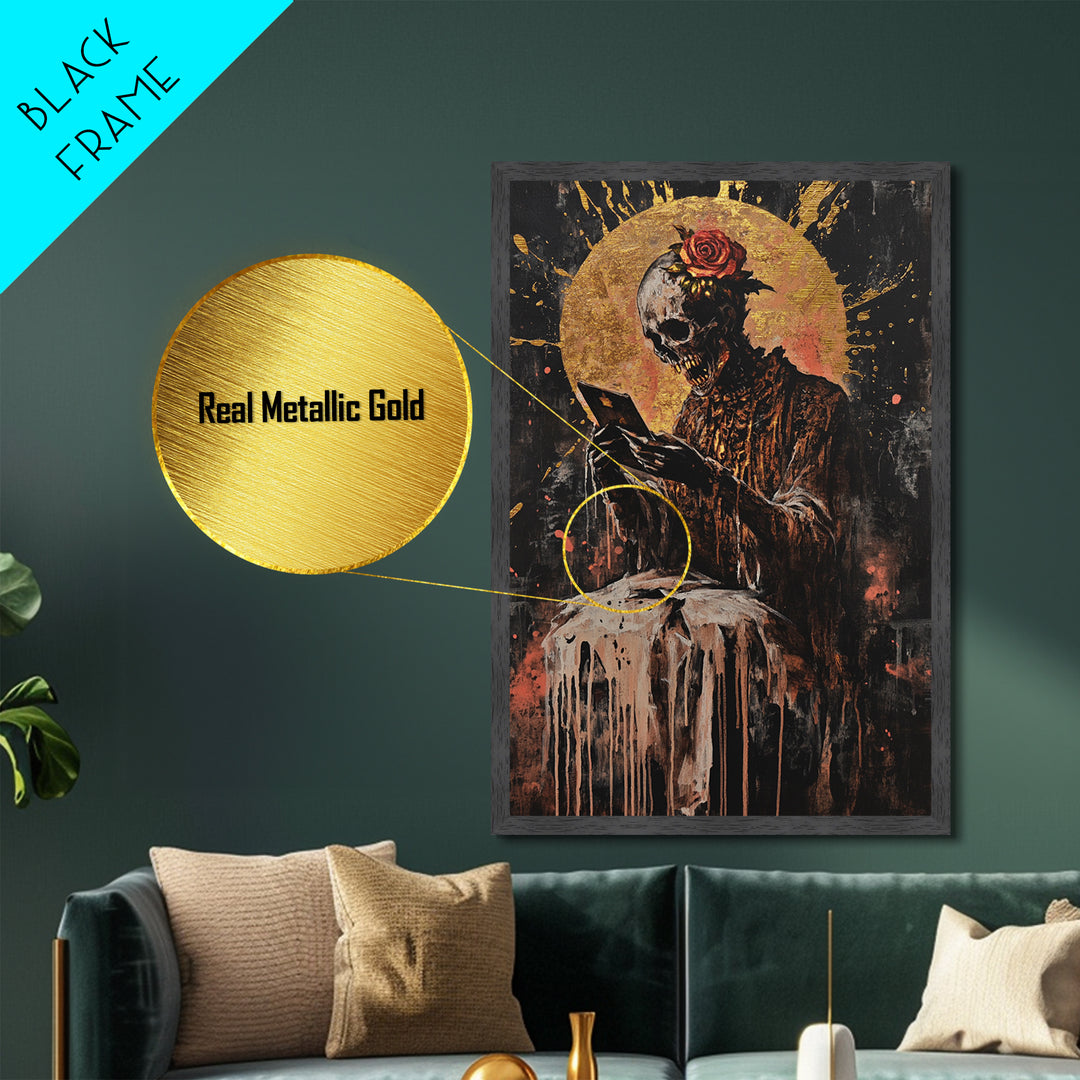 Skeleton with Rose Metallic Gold Art, Gothic Undead Metal Art with Horror Vibes for Halloween Wall Décor, real wood frame included