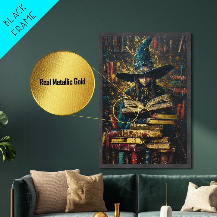 Witch Reading Spellbook, Halloween Gothic Metallic Gold Art, Witchy Library Metal Art on canvas framed in real wood