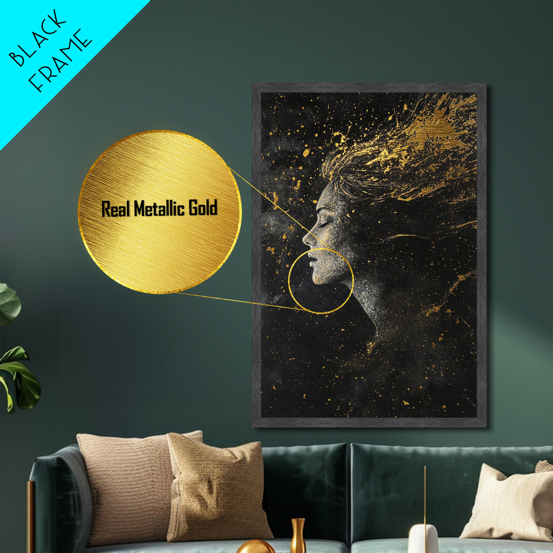 Celestial Witch Metallic Gold Art, Enchanted Spooky Season Metal Art with Starry Night Design, framed in natural real wood