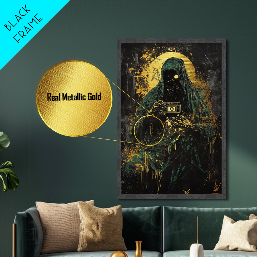 Dark Phantom Photographer Metallic Gold Art, Creepy Haunted Camera Metal Art with Gothic Horror Vibe, real wood frame