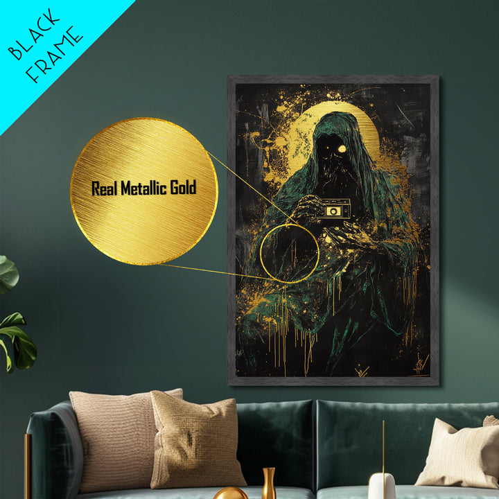 Dark Phantom Photographer Metallic Gold Art, Creepy Haunted Camera Metal Art with Gothic Horror Vibe, real wood frame