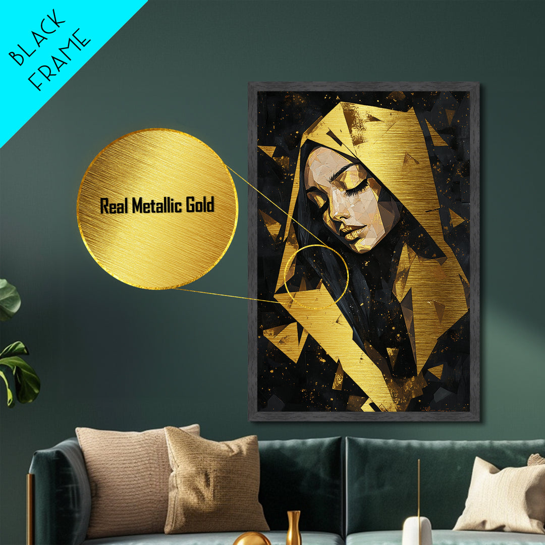 Geometric Hooded Woman Metallic Gold Art, Gothic Polygon Spooky Season Metal Art with Witchy Aesthetic, framed in wood