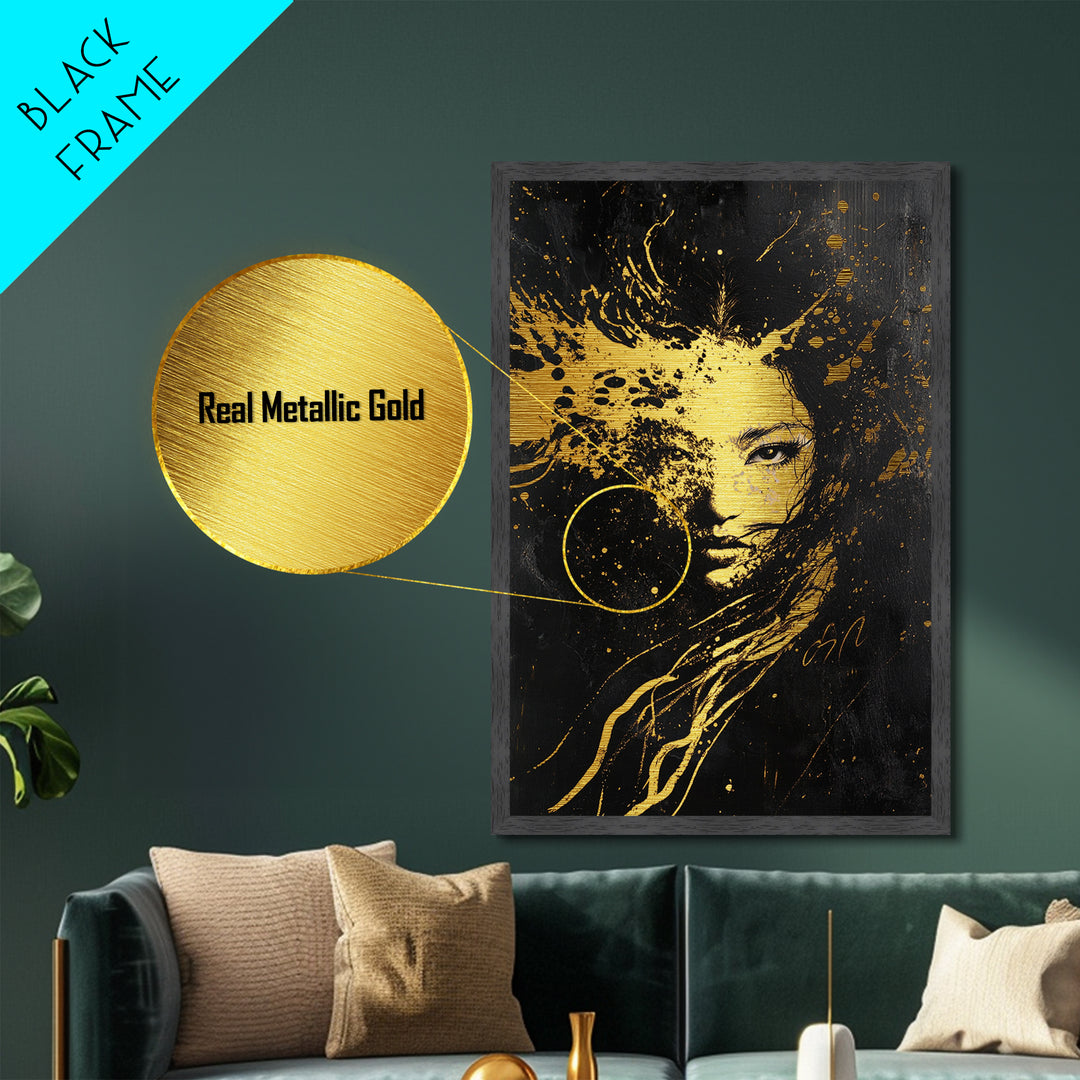 Splattered Witch Face Metallic Gold Art, Haunted Abstract Portrait Metal Art for Halloween Horror Vibes, real wood framing