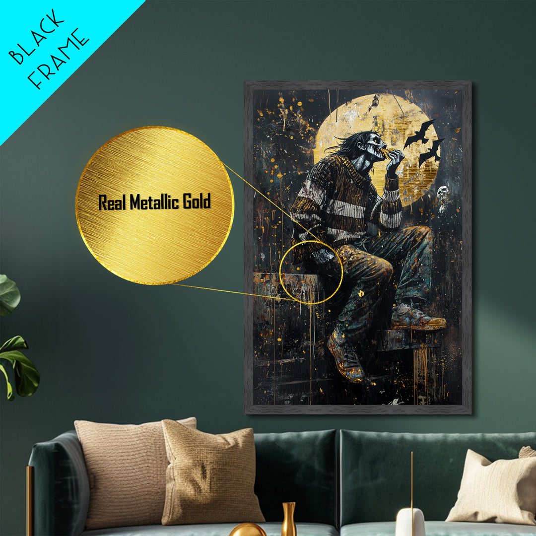 Haunted Moon Zombie Eating Scene, Metallic Gold Art, Spooky Horror Wall Metal Art Framed in Real Wood for Halloween Decor