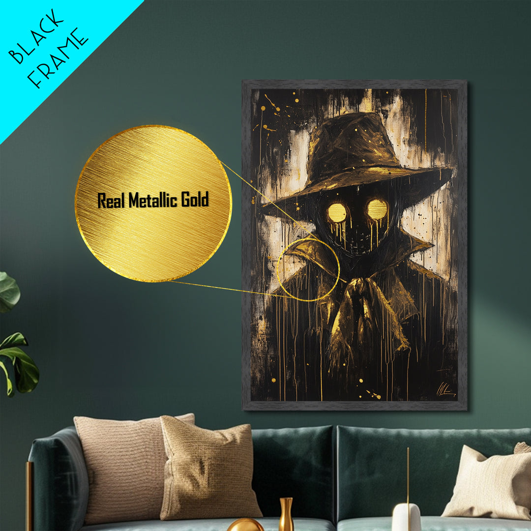 Creepy Scarecrow with Glowing Eyes, Gothic Metallic Gold Art, Horror Halloween Metal Art in Natural Real Wood Frame