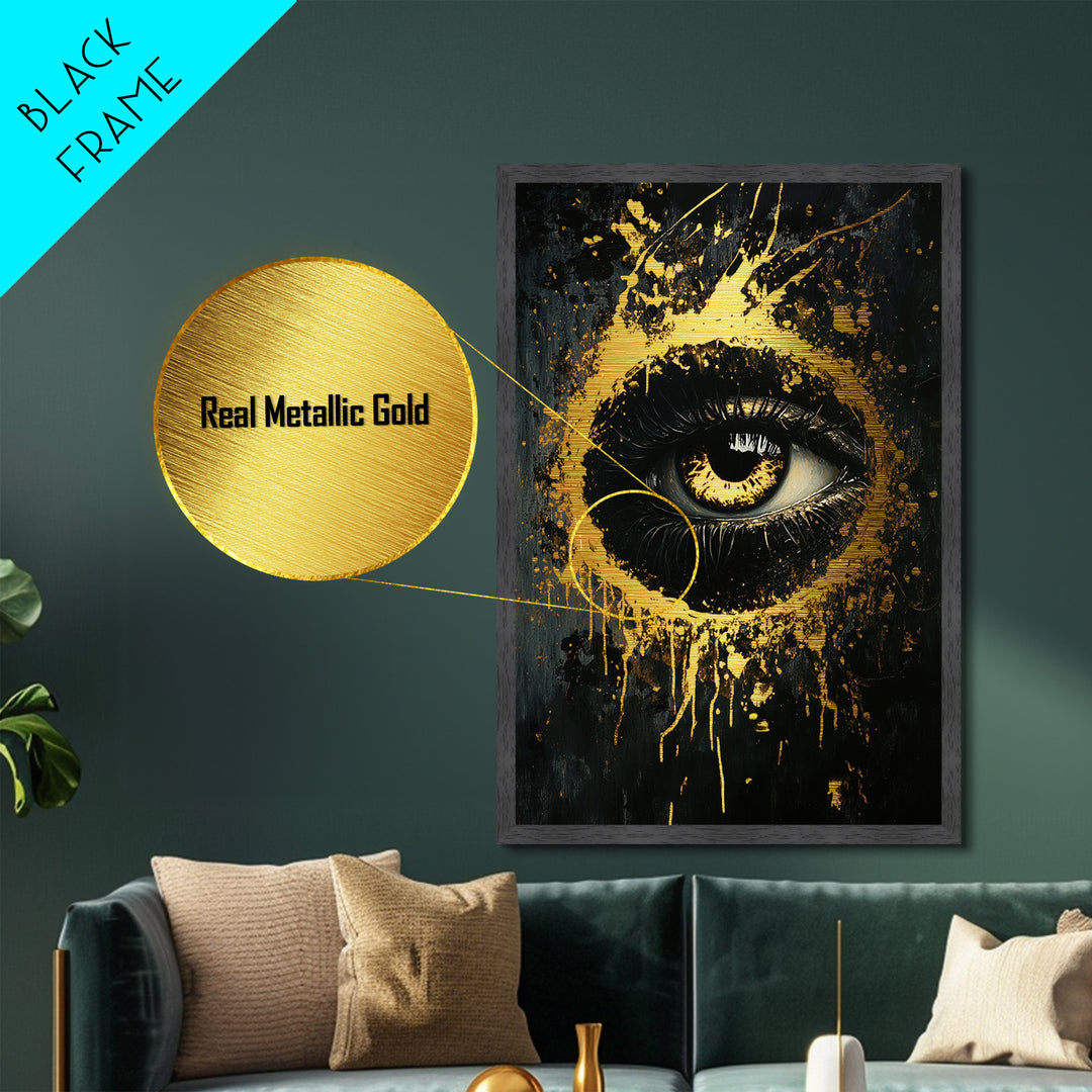 Eerie All-Seeing Eye Wall Decor, Metallic Gold Art, Haunted Season Spooky Metal Art with Real Wood Frame for Gothic Homes