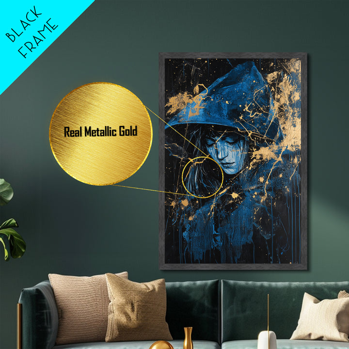 Witchy Hooded Woman in Blue, Metallic Gold Art, Gothic Spooky Season Metal Art on Canvas Framed in Authentic Real Wood