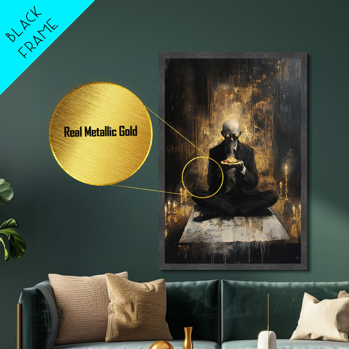 Surreal Masked Occult Figure with Pizza, Creepy Gothic Metallic Gold Art, Spooky Metal Art framed in real wood décor