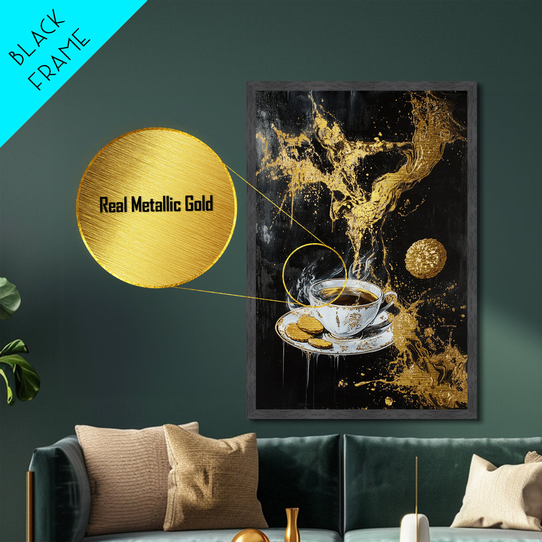 Haunted Coffee and Cookies Scene, Metallic Gold Art, Spooky Kitchen Witch Metal Art with Real Wood Frame Halloween Decor