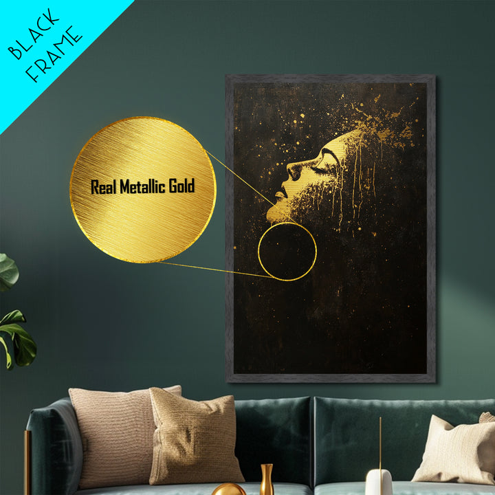 Golden Face in Darkness Abstract, Metallic Gold Art, Spooky Gothic Metal Art Halloween Wall Hanging with Real Wood Framing