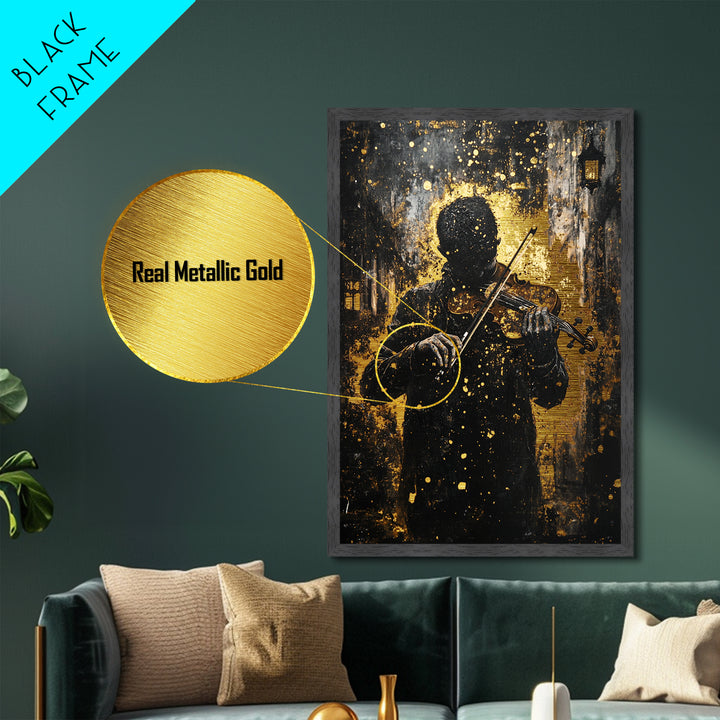 Creepy Violinist in the Shadows, Metallic Gold Art, Haunted Musician Spooky Season Metal Art Framed with Natural Wood