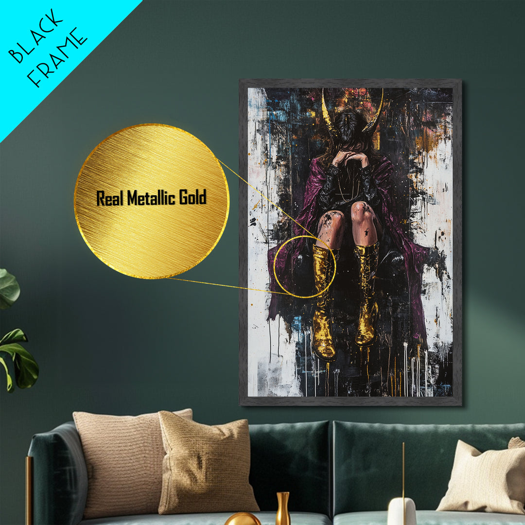 Dark Gothic Woman with Golden Horns, Metallic Gold Art, Spooky Halloween Witch Metal Art in Real Wood Frame Wall Hanging
