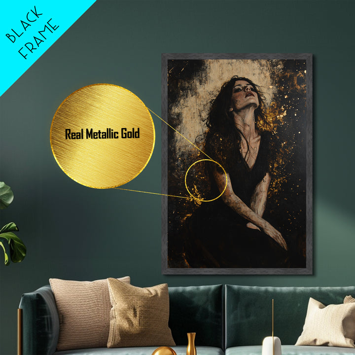 Mystical Black Dress Portrait, Metallic Gold Art, Gothic Spooky Horror Metal Art Wall Decor with Real Wooden Frame