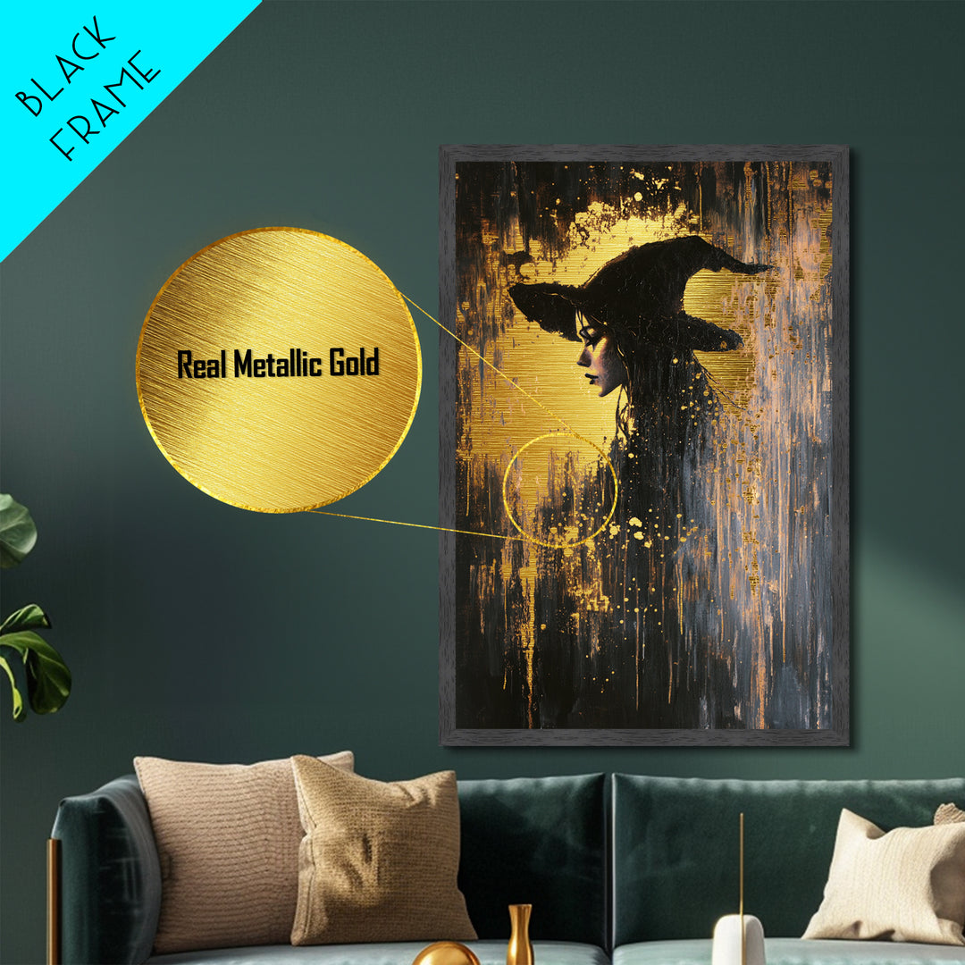 Witch Hat Halloween Portrait, Metallic Gold Art, Spooky Season Gothic Witch Metal Art Framed in Rustic Real Wood
