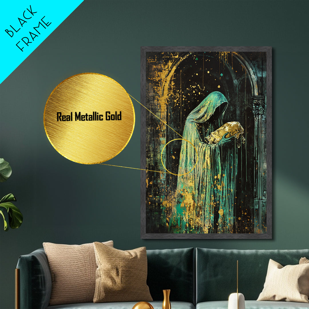 Hooded Phantom with Golden Baby Metallic Gold Art, Creepy Gothic Priest Metal Art in Natural Wood Frame for Halloween