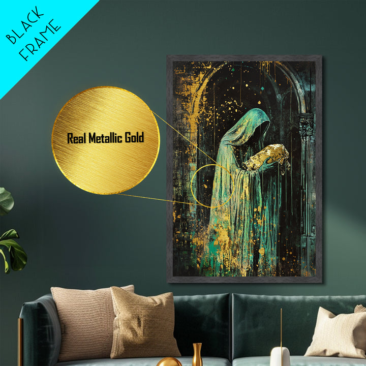 Hooded Phantom with Golden Baby Metallic Gold Art, Creepy Gothic Priest Metal Art in Natural Wood Frame for Halloween