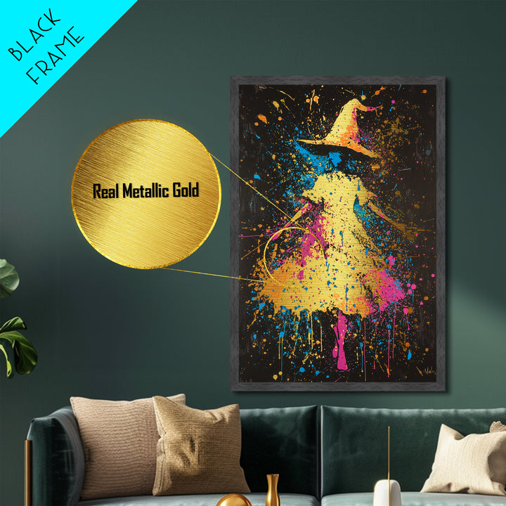 Neon Witch Hat Metallic Gold Art, Psychedelic Spooky Metal Art Print with Real Wood Frame, Vibrant Halloween Wall Decor