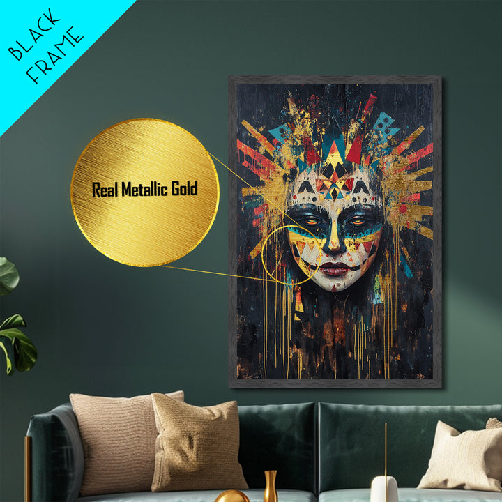 Tribal Skull Mask Metallic Gold Art, Spooky Witchy Horror Portrait Metal Art with Real Wood Frame, Gothic Halloween Decor
