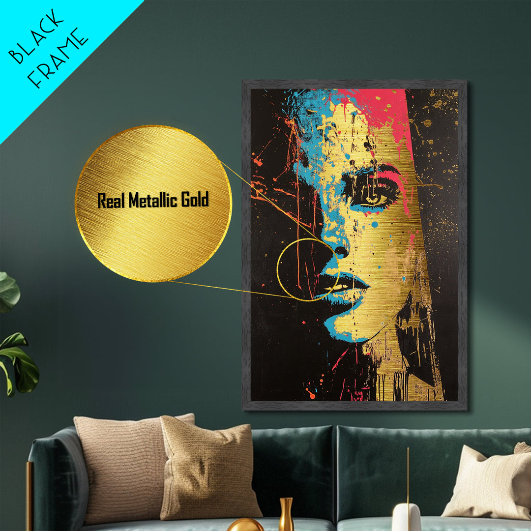 Color Splash Haunted Portrait, Bold Spooky Pop Art Face in Metallic Gold Art, Gothic Season Metal Art with wood frame