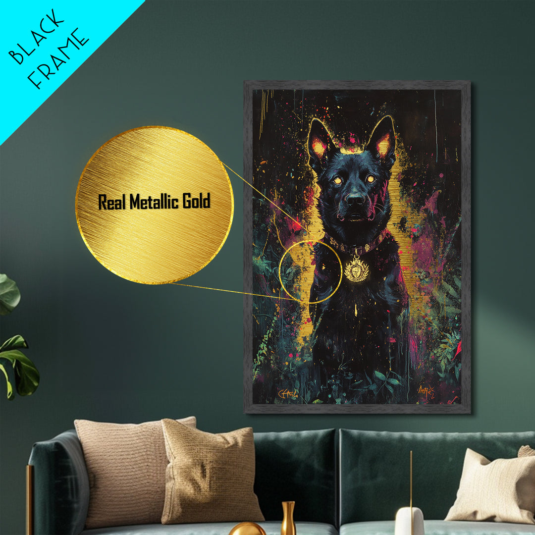 Black Hellhound Metallic Gold Art, Spooky Haunted Dog Metal Art, Halloween Wall Decor Framed in Natural Real Wood
