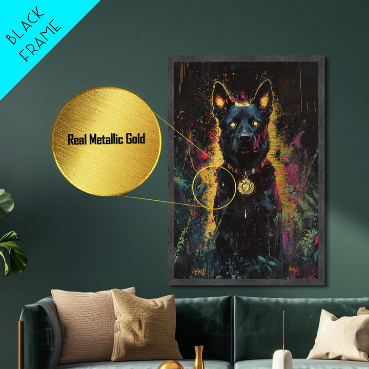 Black Hellhound Metallic Gold Art, Spooky Haunted Dog Metal Art, Halloween Wall Decor Framed in Natural Real Wood