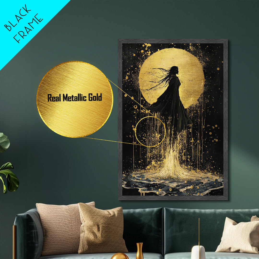 Mystic Woman in Moonlight Metallic Gold Art, Witchy Floating Silhouette Metal Art, Spooky Season Decor in Real Wood Frame