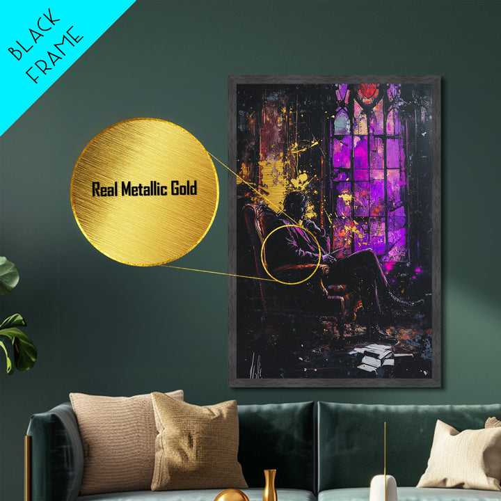 Gothic Vampire Study Metallic Gold Art, Haunted Horror Portrait Metal Art, Halloween Wall Decor with Real Wood Frame