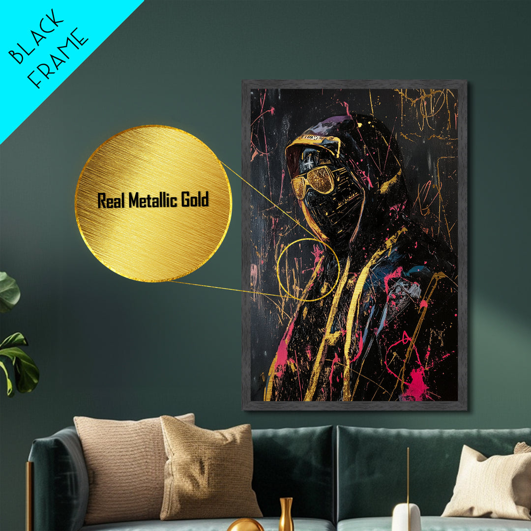 Masked Stranger Metallic Gold Art, Creepy Horror Street Style Metal Art, Spooky Halloween Decor with Natural Wood Frame
