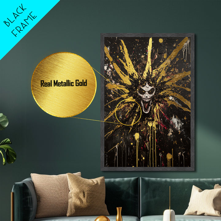 Laughing Skull Burst Metallic Gold Art, Haunted Horror Face Metal Art, Gothic Halloween Wall Art Framed in Real Wood