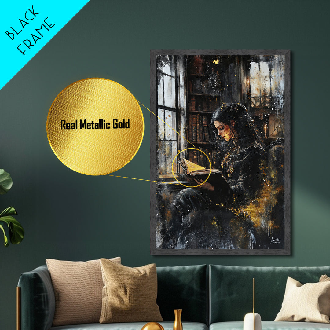 Gothic Witch Reading Spellbook Metallic Gold Art Metal Art Spooky Halloween Wall Decor framed in natural real wood
