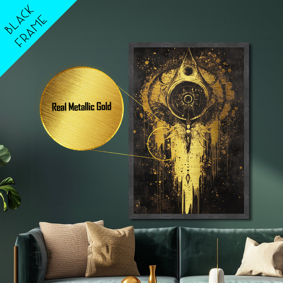 Haunted Celestial Angel Metallic Gold Art Metal Art Occult Halloween Spooky Season Wall Hanging with real wood frame