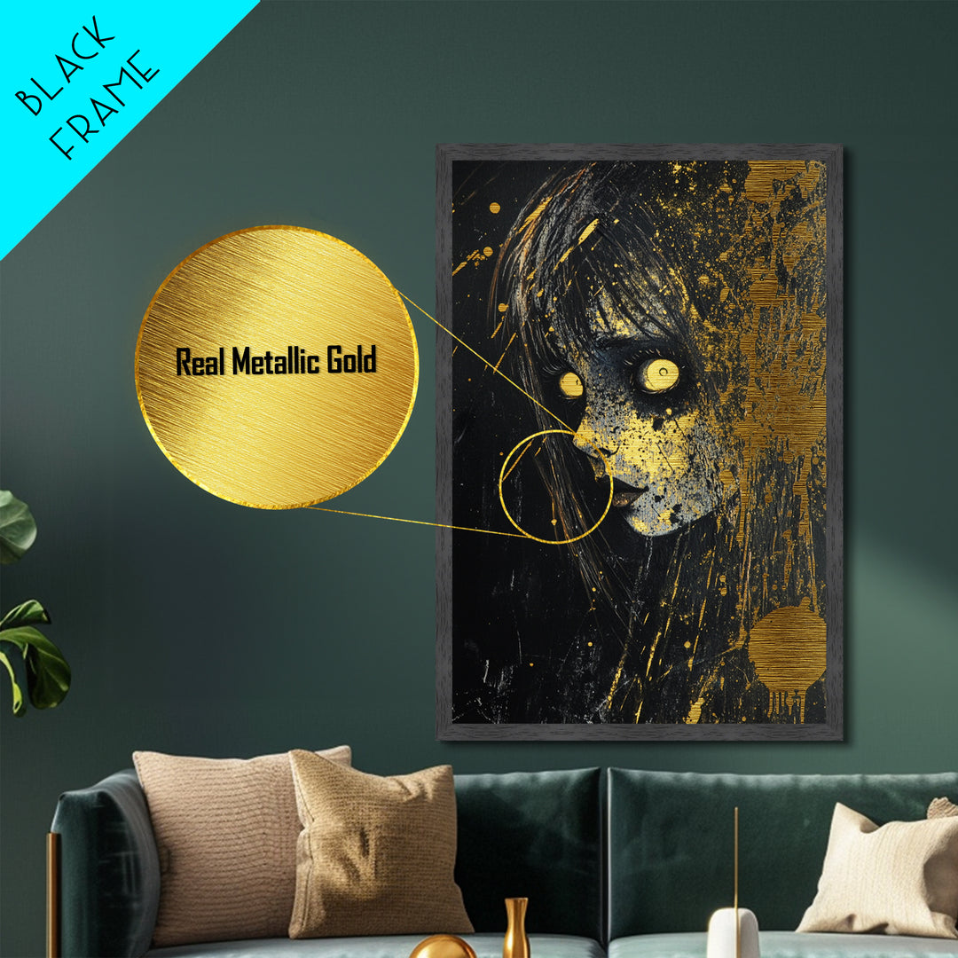Creepy Horror Doll Portrait Metallic Gold Art Metal Art Spooky Halloween Wall Decor in handcrafted real wood frame