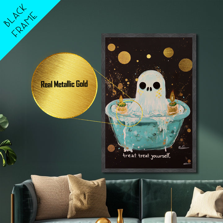 Cute Bathtub Ghost Metallic Gold Art Metal Art Halloween Spooky Season Wall Print framed with solid real wood accents