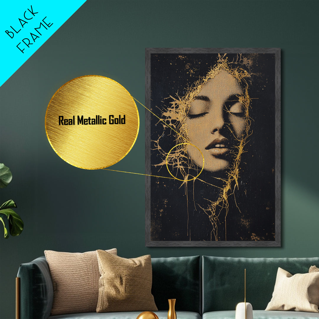 Golden Roots Haunted Face, Creepy Abstract Metallic Gold Art Portrait, Spooky Season Metal Art framed in natural wood